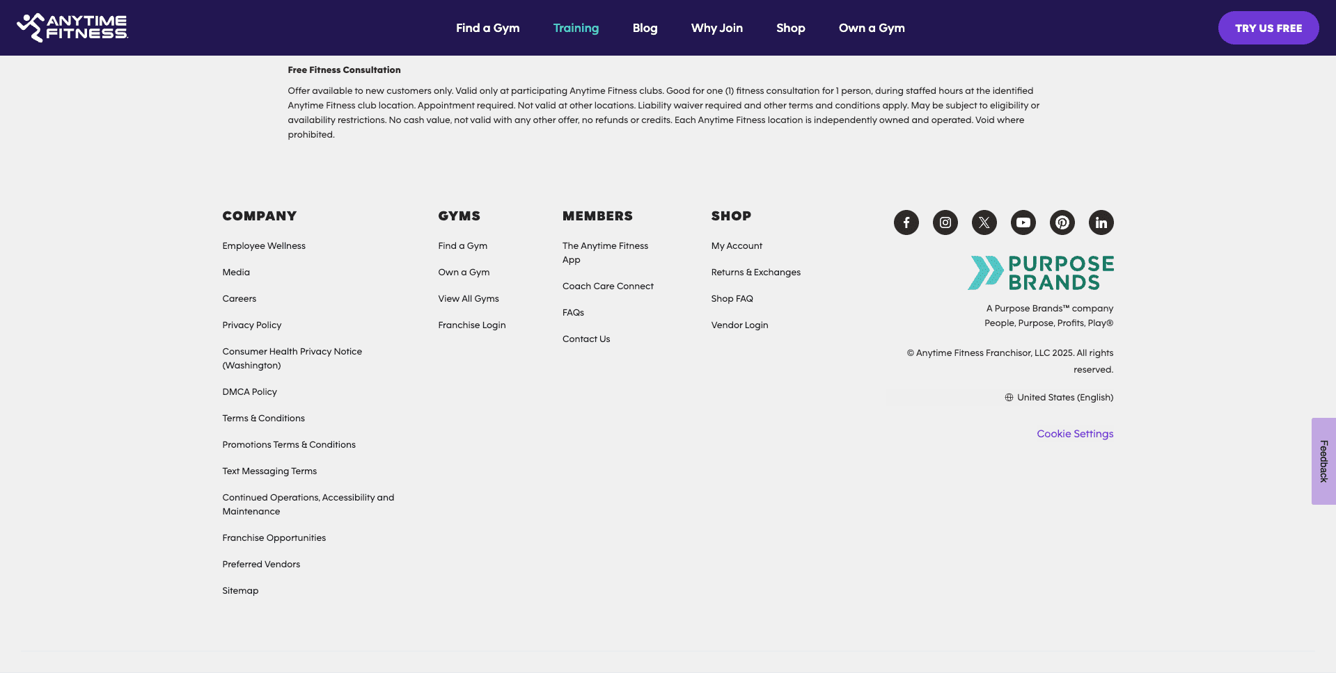 Anytime Fitness website footer with contact information and links