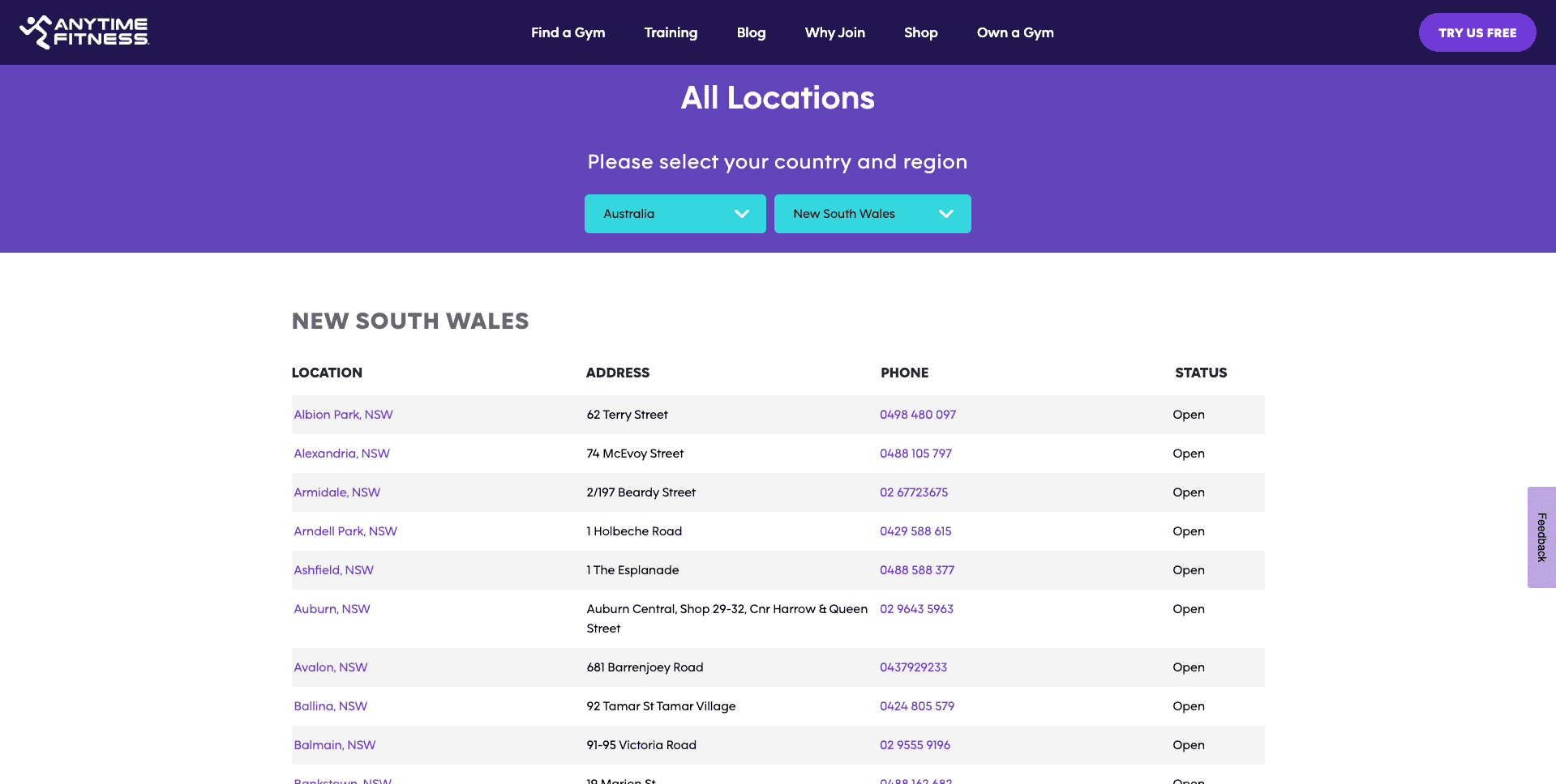 Anytime Fitness gym locations finder interface